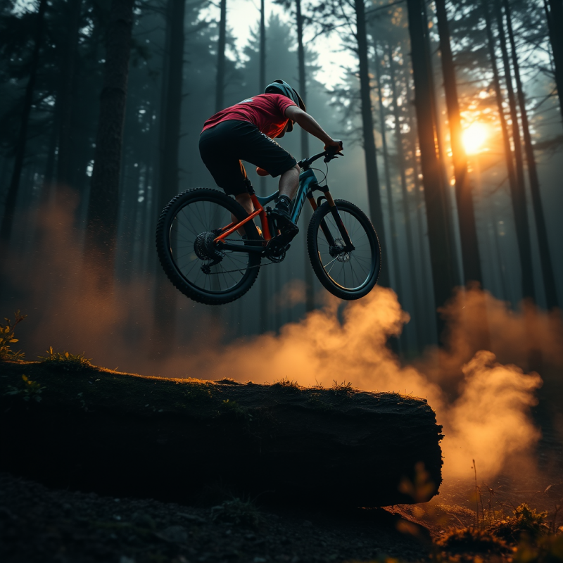 Lone Mountain Biker Mid-air Over a Moss-covered Log
