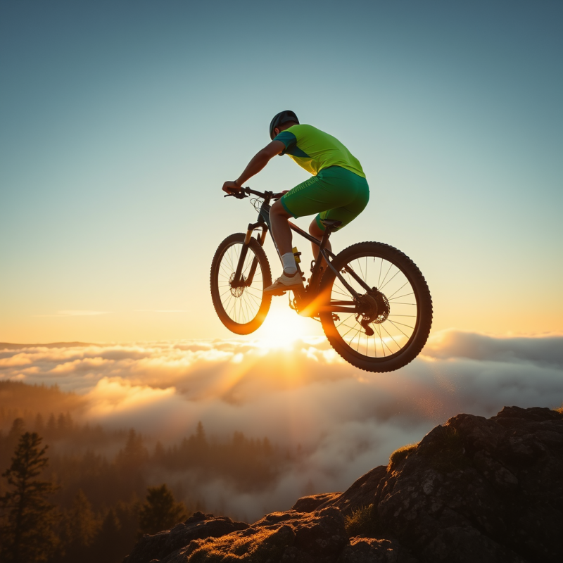 Lone Mountain Biker Mid-air Over a Moss-covered Rocky R...