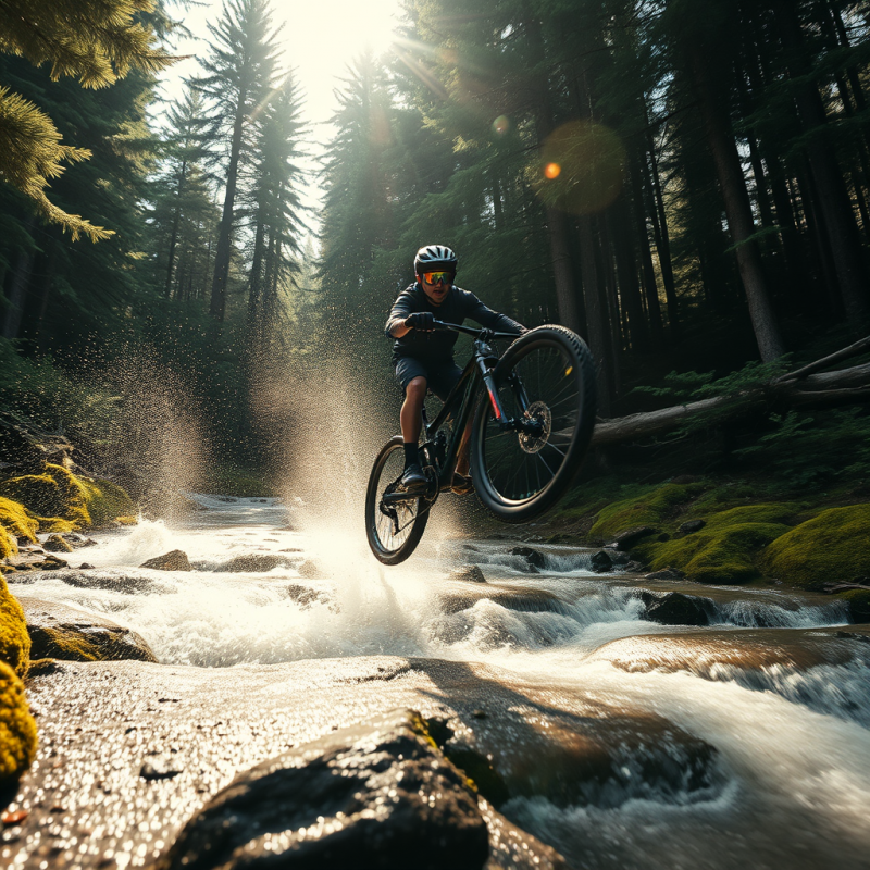 Lone Mountain Biker Mid-air Over a Mossy Creek