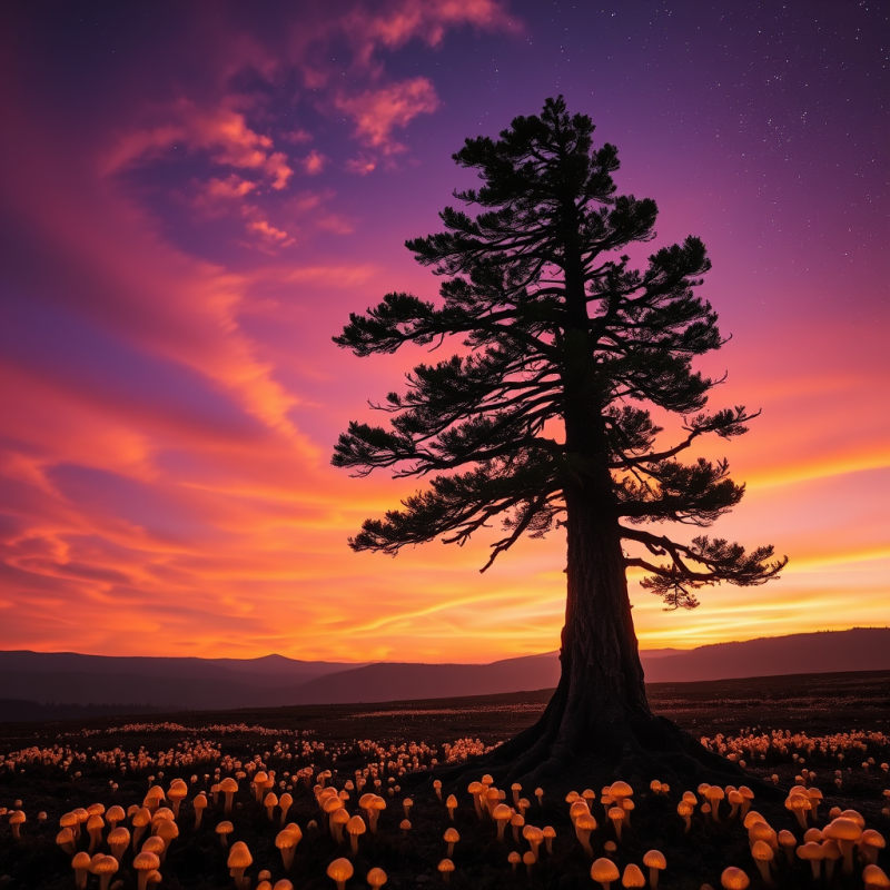 Lone Pine Tree Stands Against a Vibrant Purple and