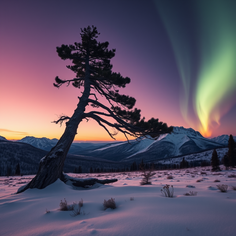 Lone Pine Tree Stands in a Snowy Field as Vibrant