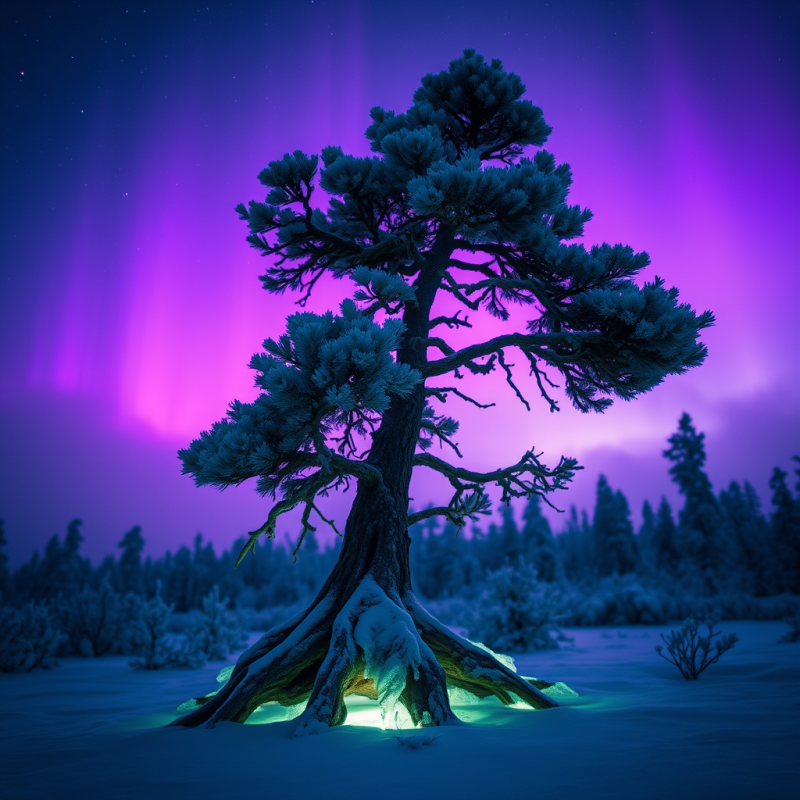 Lone Pine Tree Stands in Snowy Wilderness Under