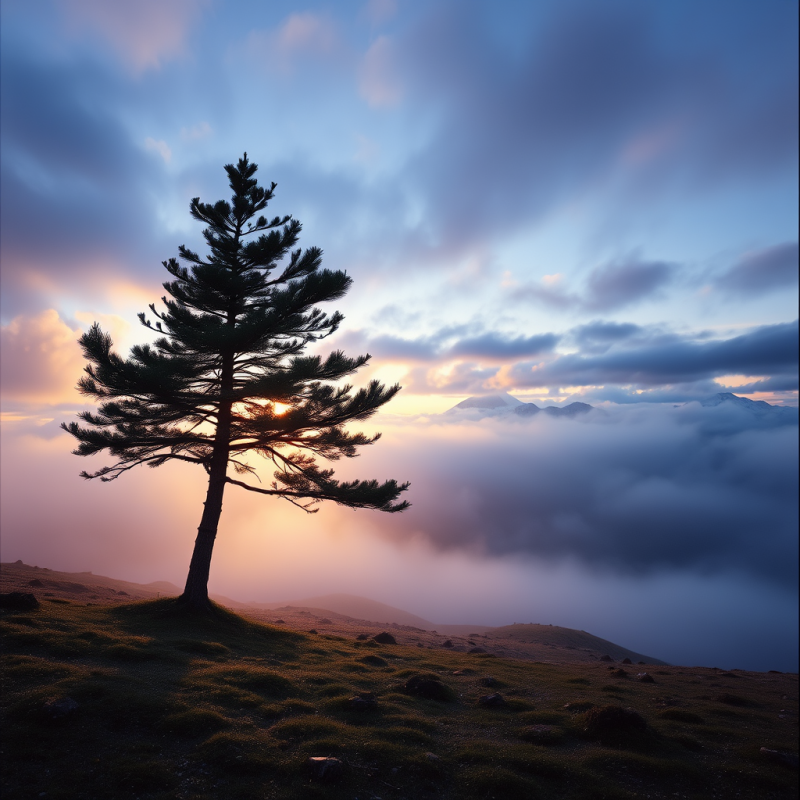 Lone Pine Tree Stands Silhouetted Against a Dramatic