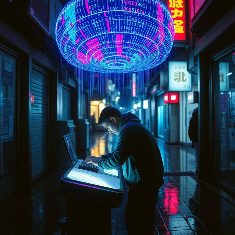 Lone Programmer Hunched Over a Glowing