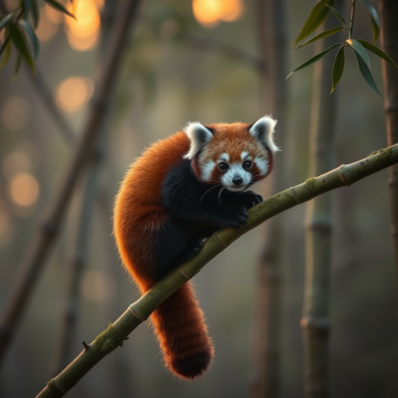 Lone Red Panda Perched Sideways on a Mossy Bamboo Branc...