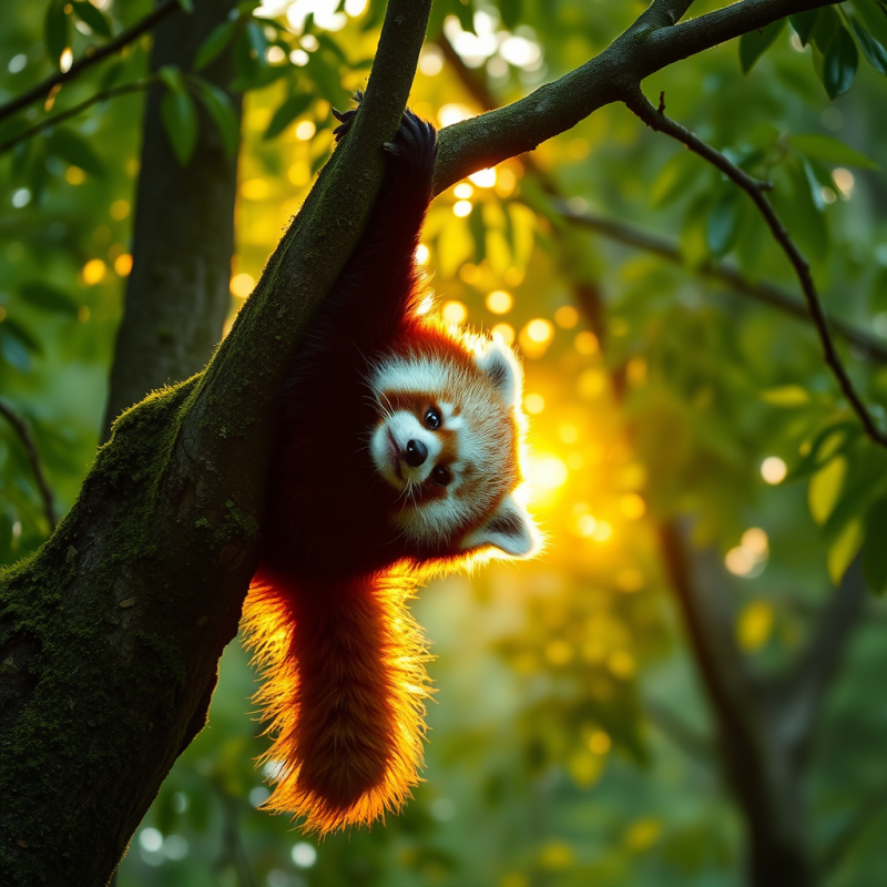 Lone Red Panda Perches Upside-down on a Moss-covered Tr...