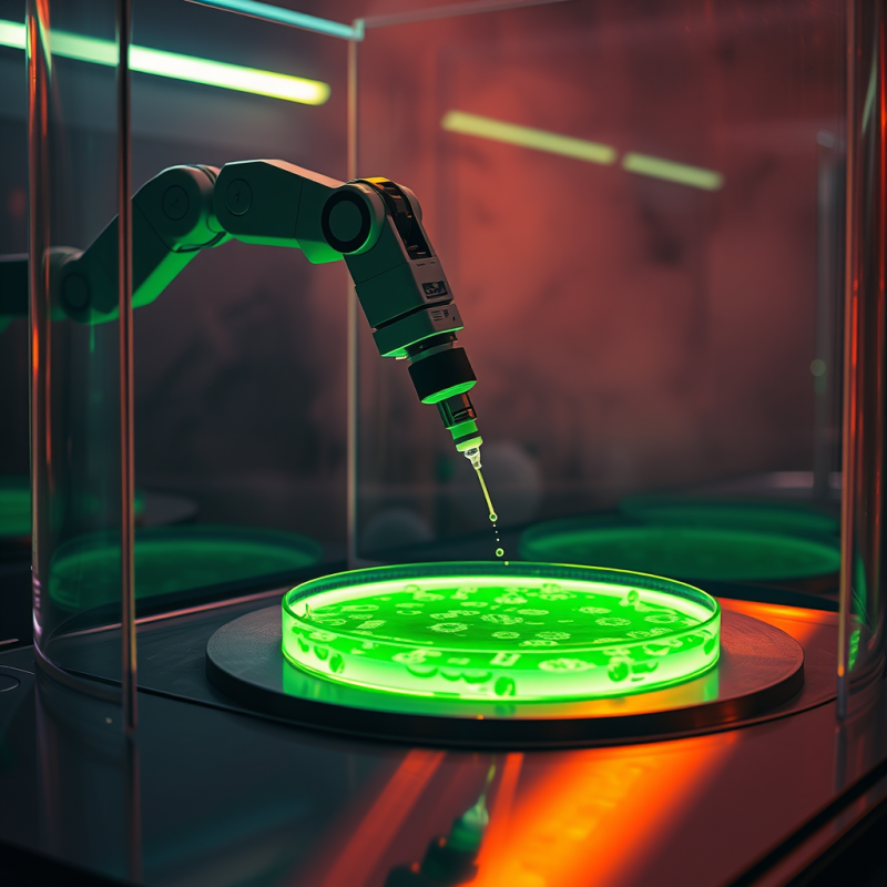 Lone Robotic Arm in a Neon-lit