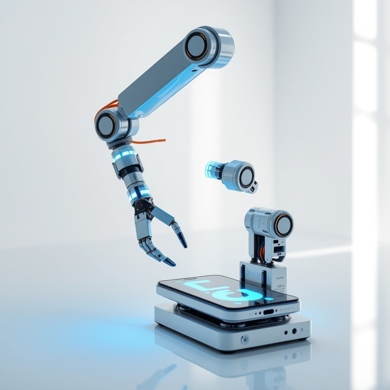 Lone Robotic Arm with Exposed Copper Wiring and Neon-bl...