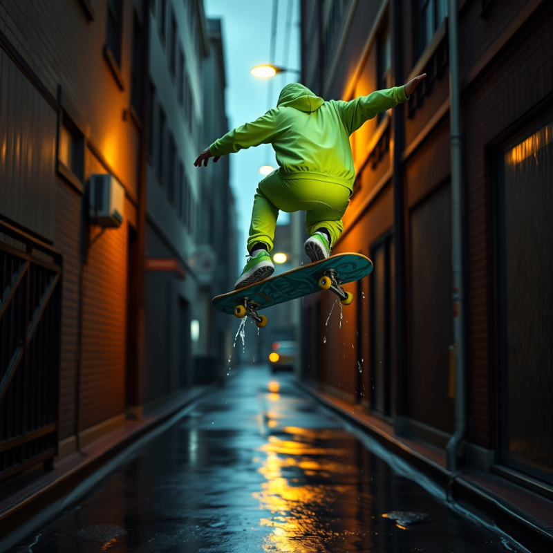 Lone Skateboarder in Neon Green Gear Soars Mid-air Over...