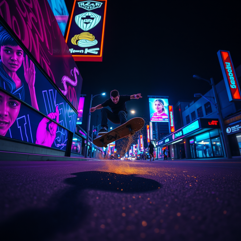 Lone Skateboarder Mid-air During a Midnight Street Grin...