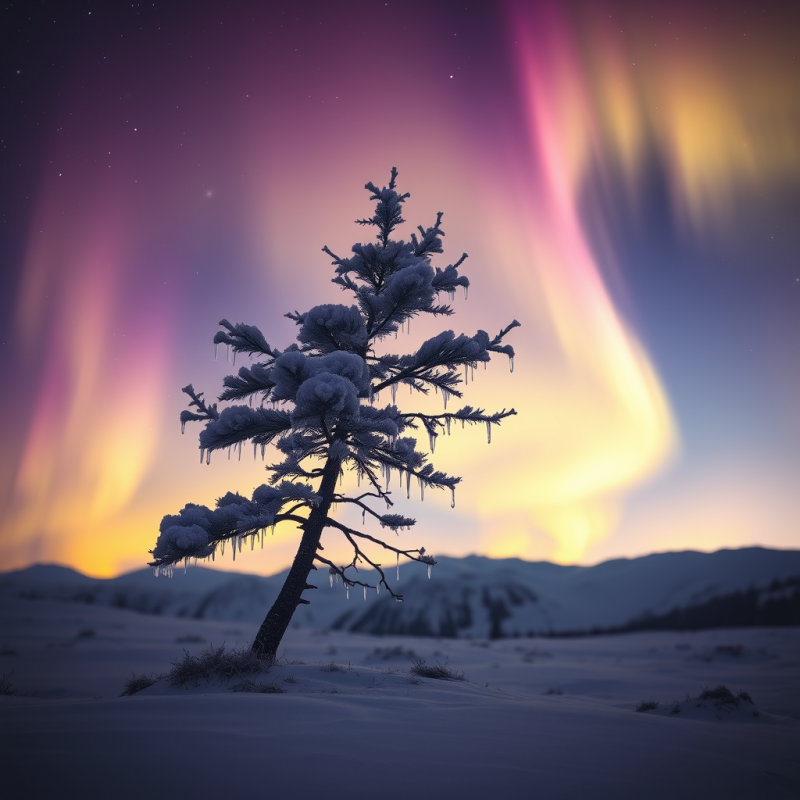 Lone Snow-covered Pine Tree Stands in a Frozen