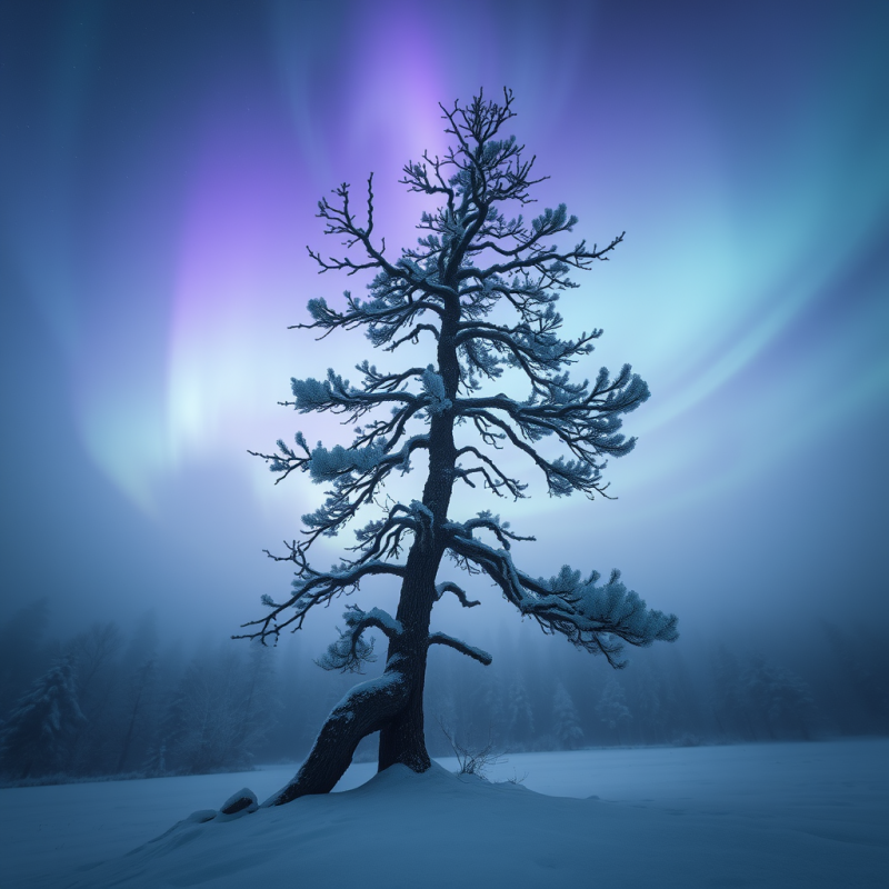 Lone Snow-laden Tree Stands Resiliently Under a