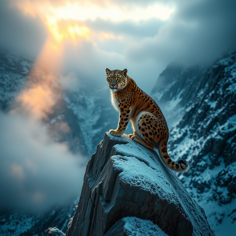 Lone Snow Leopard Perched Atop a Frost-rimmed Mountain ...