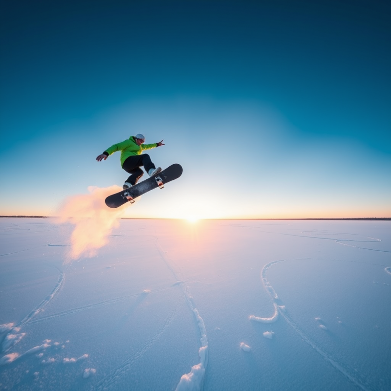 Lone Snowboarder Mid-air Above a Frozen Lake at Dawn
