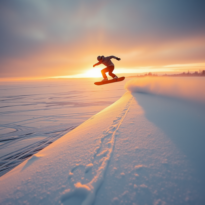 Lone Snowboarder Mid-air Above a Frozen Lake at Golden ...