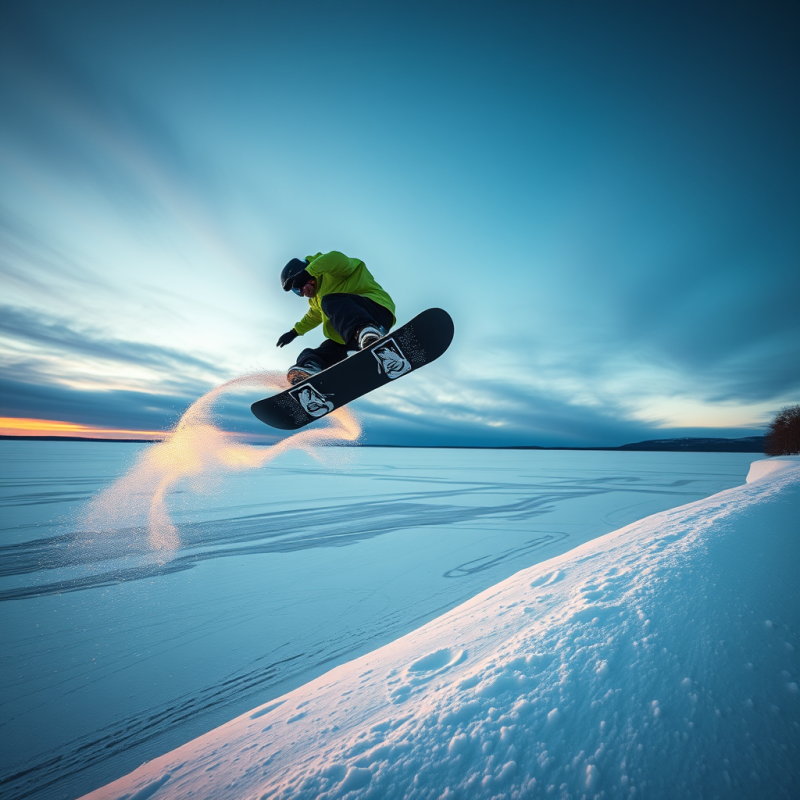 Lone Snowboarder Mid-air Over a Frozen Lake at Twilight