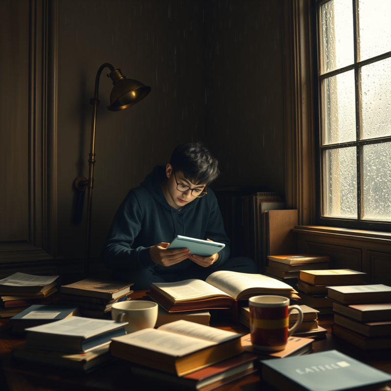 Lone Student Hunched Over a Glowing Tablet in a Dim
