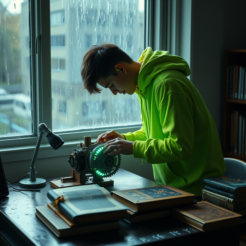 Lone Student in a Neon-green Hoodie Hunched Over a Stea...