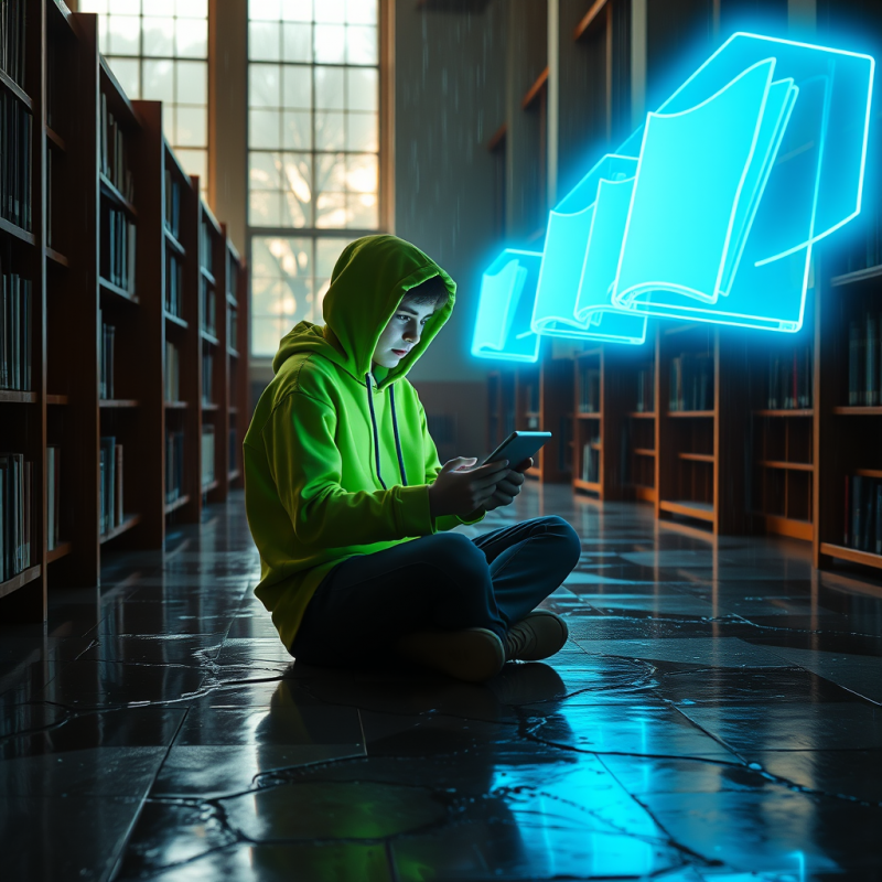 Lone Student in a Neon-green Hoodie Hunched Over a Glow...