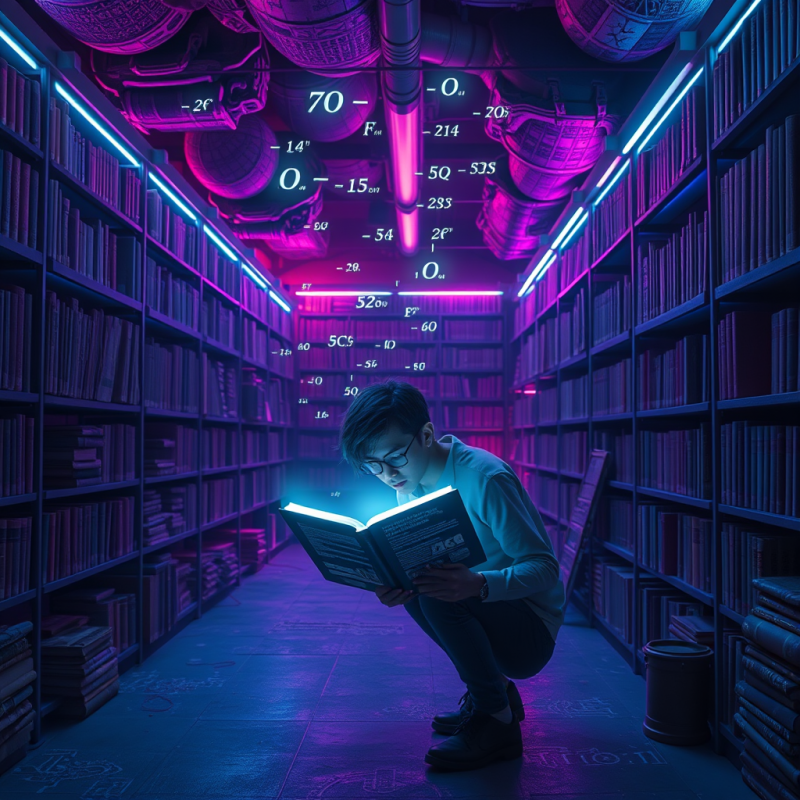 Lone Student in a Neon-lit Underground Library