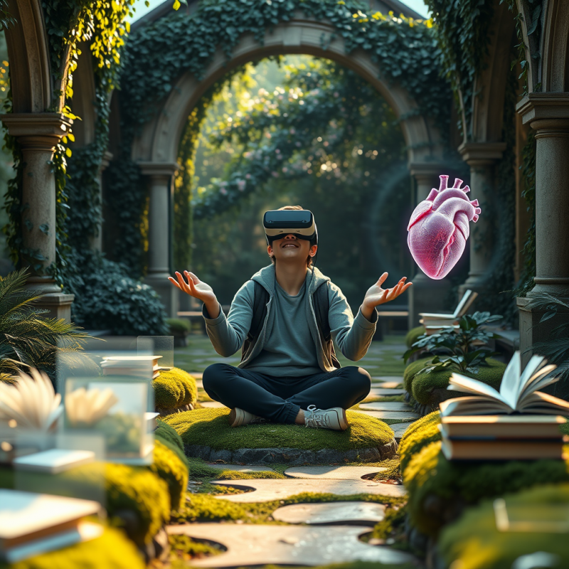 Lone Student Sits Cross-legged on a Mossy Stone Bench I...