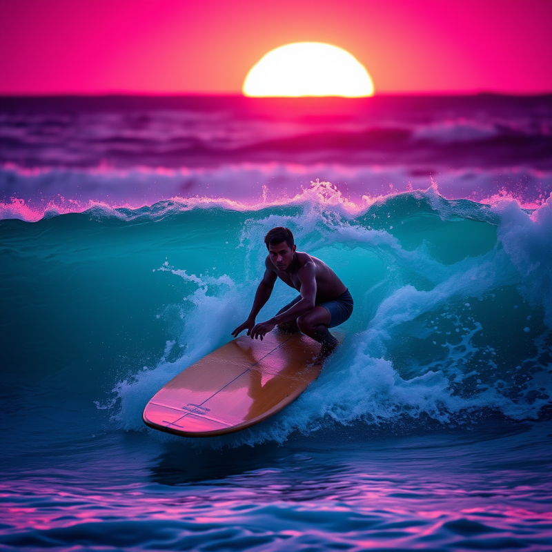 Lone Surfer in a Neon-lit Midnight Ocean