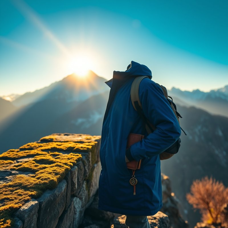 Lone Traveler in a Cobalt-blue Anorak Stands Perched On...