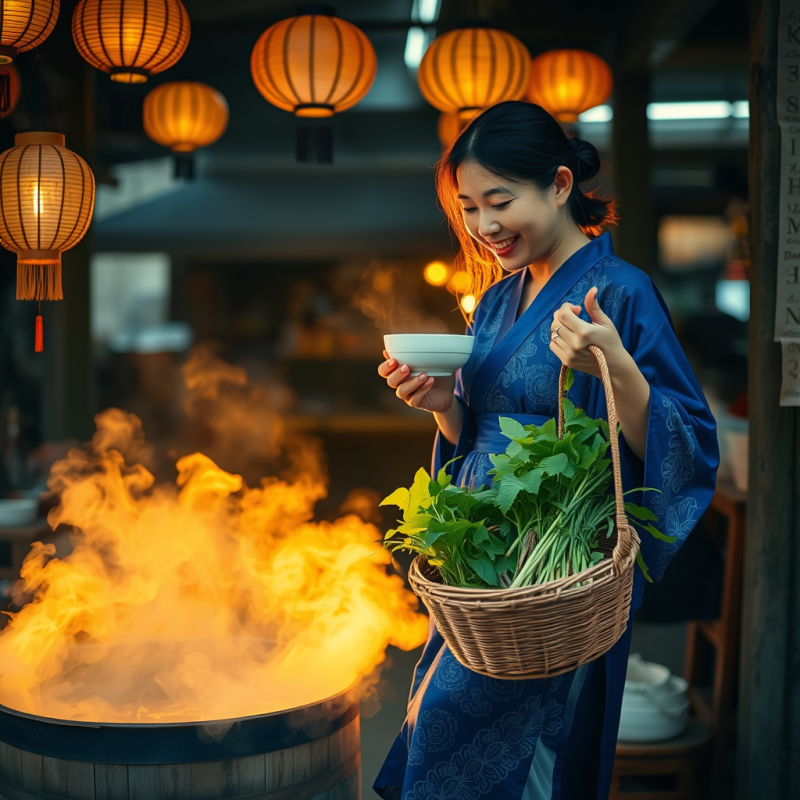 Lone Traveler in a Cobalt-blue Kimono Steps Into a Stea...