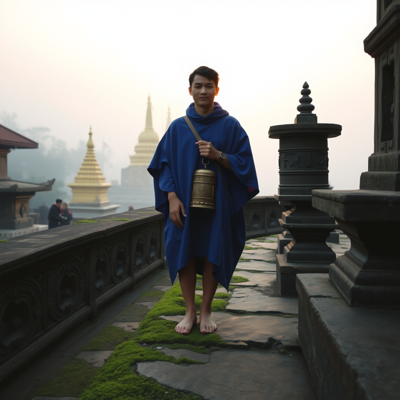 Lone Traveler in a Cobalt-blue Poncho Stands Barefoot O...
