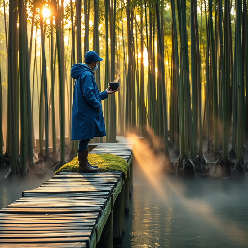Lone Traveler in a Cobalt-blue Raincoat Balances a Stea...