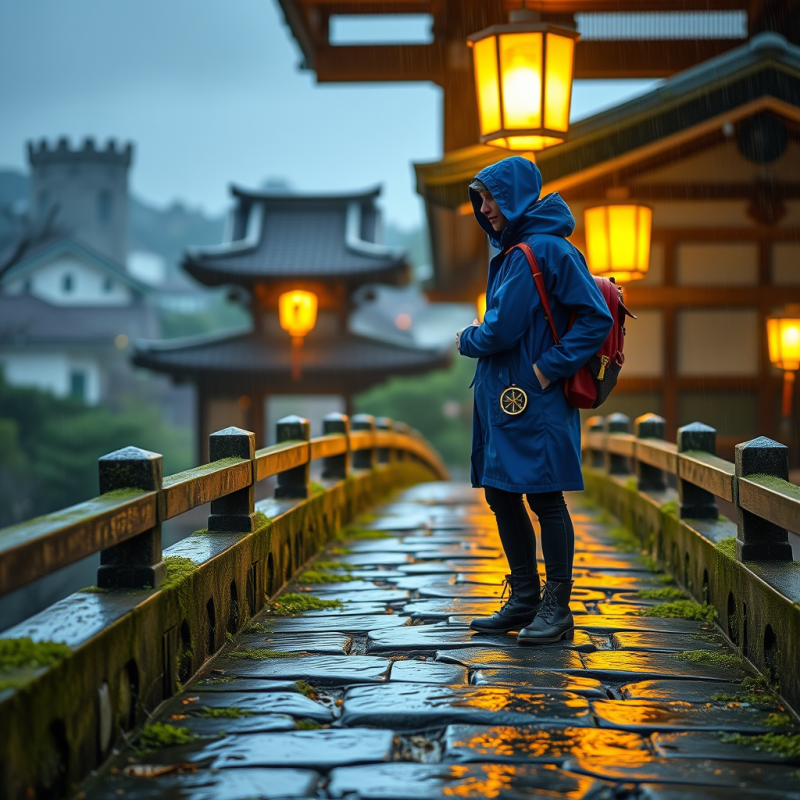Lone Traveler in a Cobalt-blue Raincoat Stands Atop a M...