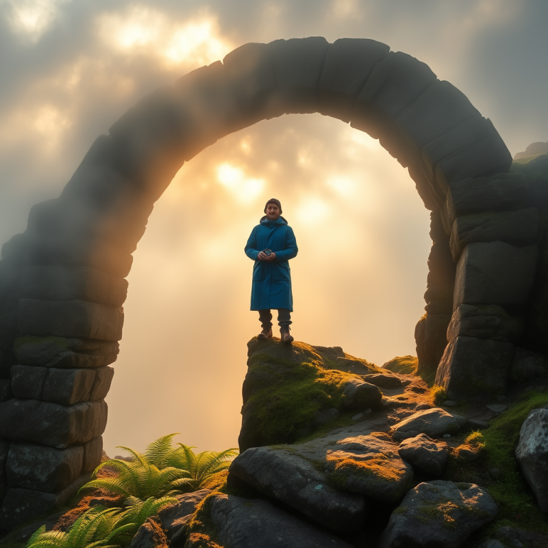 Lone Traveler in a Cobalt-blue Raincoat Stands Atop a M...