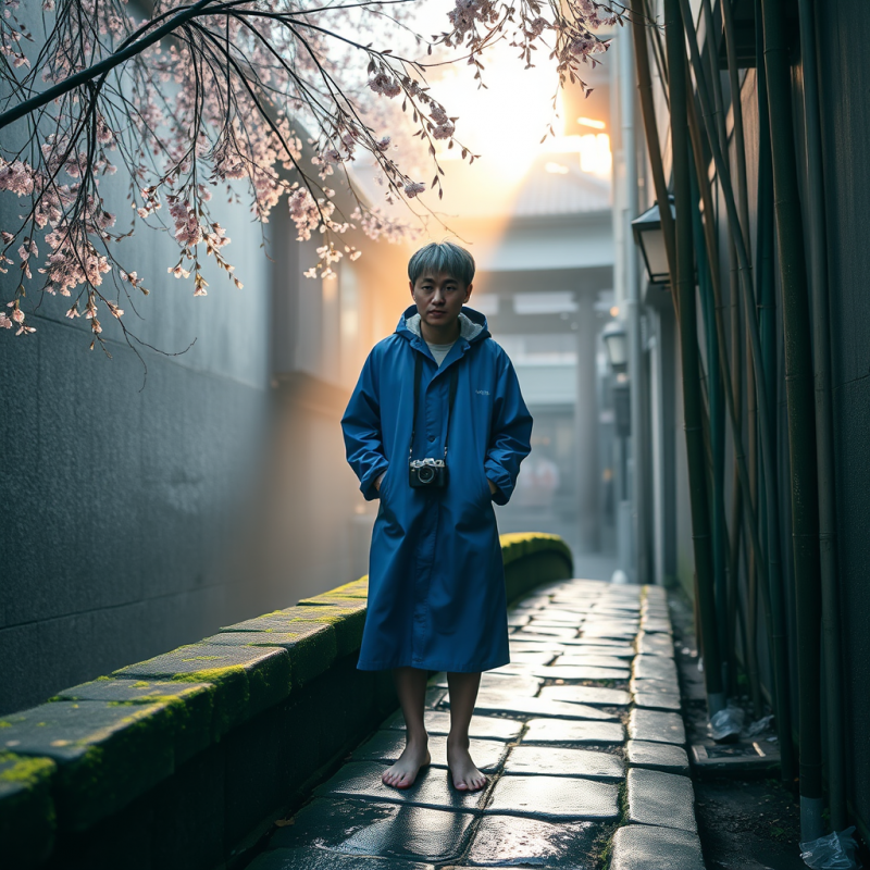Lone Traveler in a Cobalt-blue Raincoat Stands Barefoot...