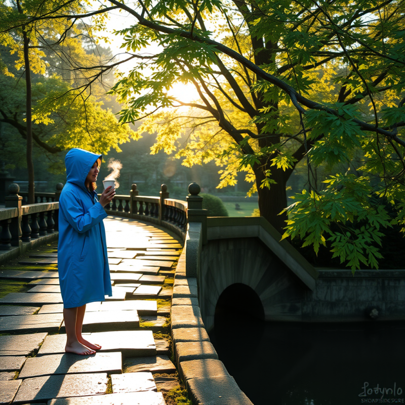 Lone Traveler in a Cobalt-blue Raincoat Stands Barefoot...