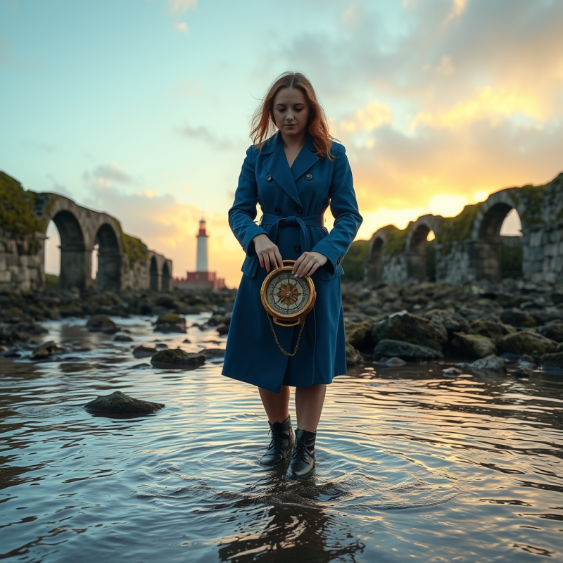 Lone Traveler in a Cobalt-blue Trench Coat Stands Ankle...