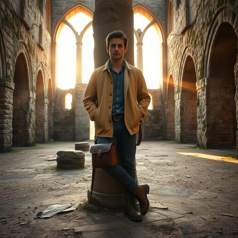 Lone Traveler in a Dusty Ochre Linen Jacket Leans Again...