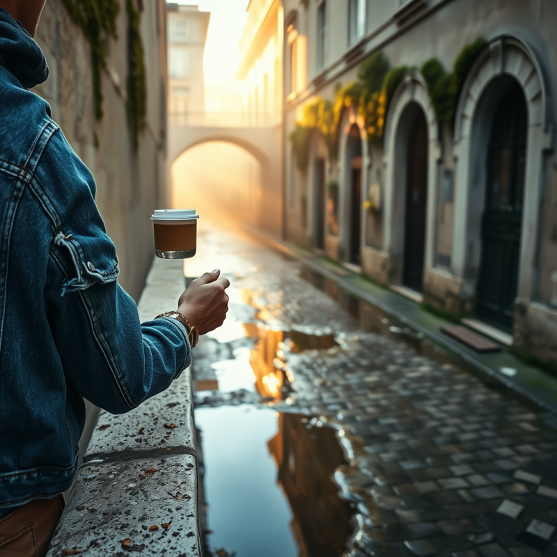 Lone Traveler in a Faded Blue Denim Jacket Balances a S...