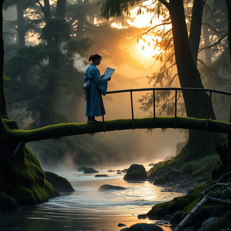 Lone Traveler in a Faded Indigo Kimono Perched Precario...