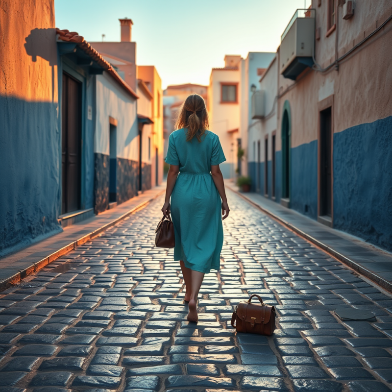 Lone Traveler in a Faded Turquoise Linen Dress Stands M...