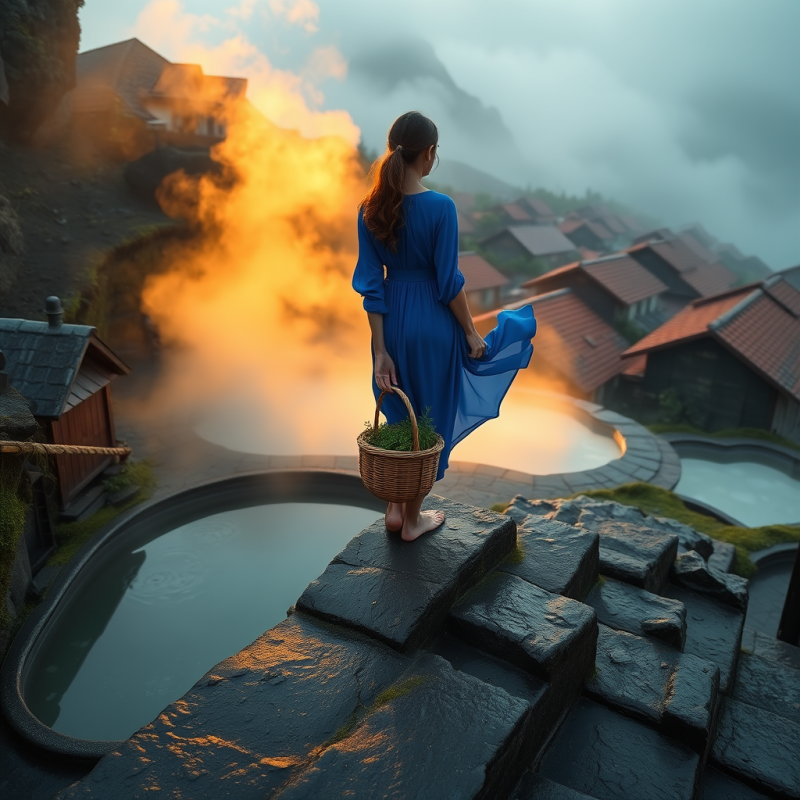 Lone Traveler in a Flowing Cobalt-blue Dress Stands Bar...