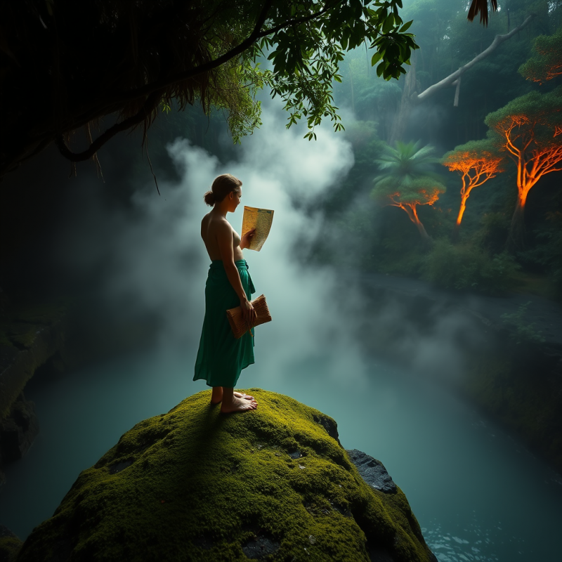 Lone Traveler in a Flowing Emerald Sarong Stands Barefo...