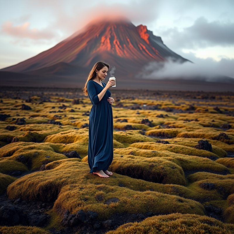 Lone Traveler in a Flowing Indigo Dress Stands Barefoot...