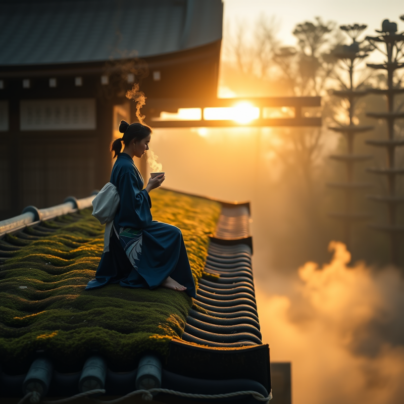 Lone Traveler in a Flowing Indigo Silk Kimono Perches O...