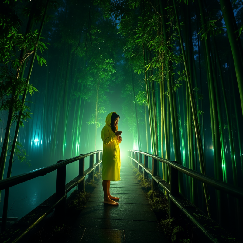 Lone Traveler in a Glowing Neon-yellow Raincoat Stands ...