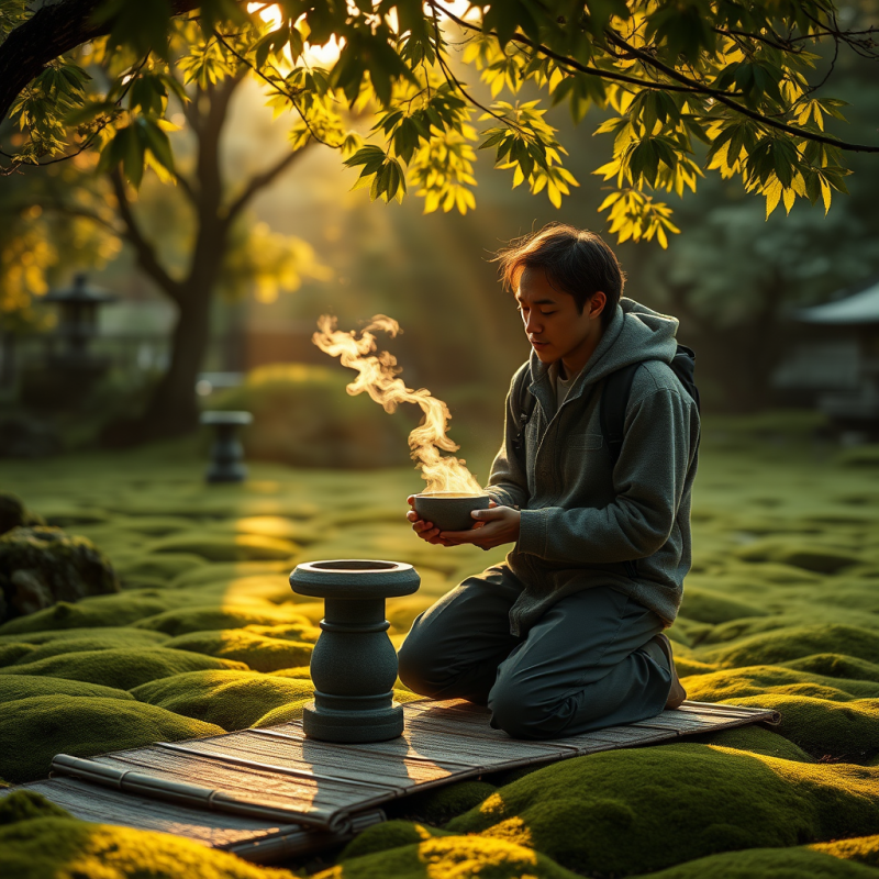 Lone Traveler in a Moss-covered Japanese Garden at Dawn