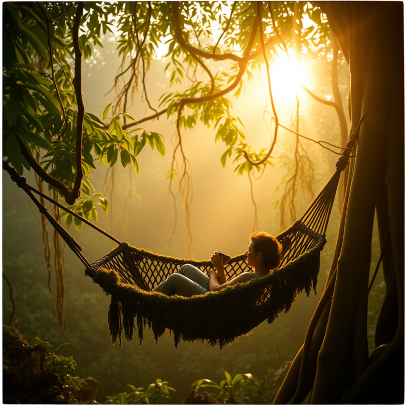 Lone Traveler in a Moss-covered Woven Basket Hammock