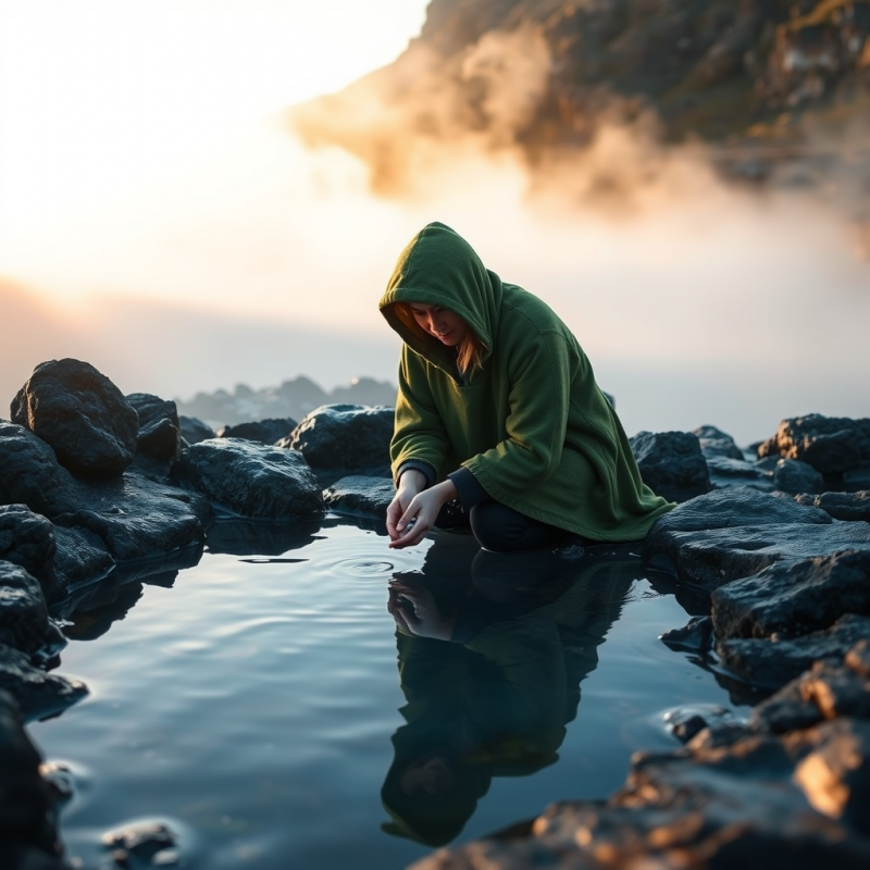 Lone Traveler in a Moss-green Hooded Cloak Kneels Besid...