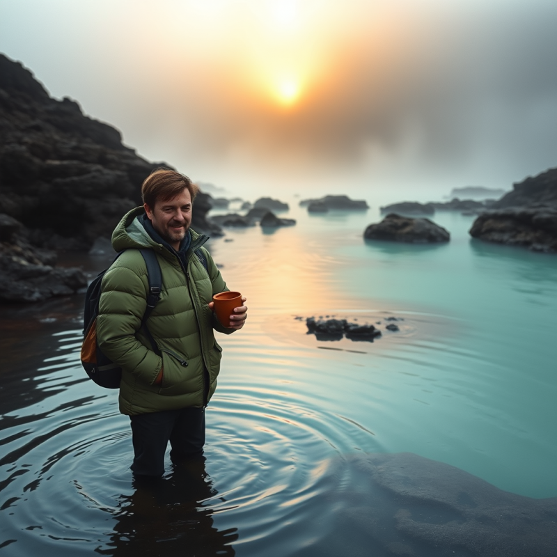 Lone Traveler in a Moss-green Puffer Jacket Stands Knee...