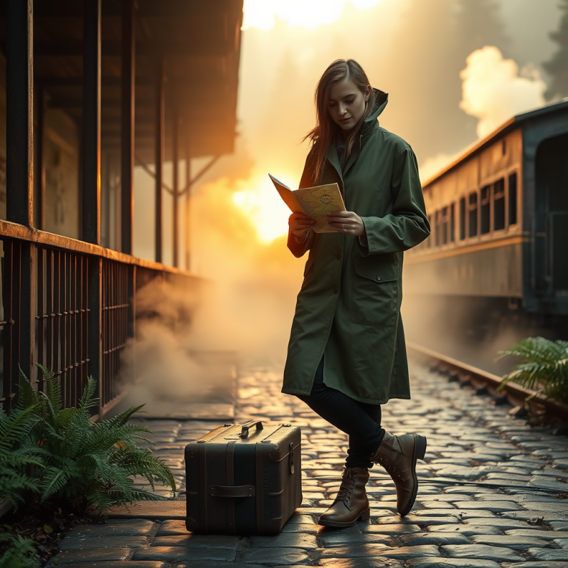 Lone Traveler in a Moss-green Raincoat Leans Against Th...