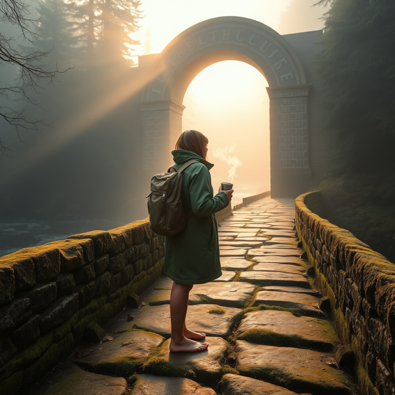 Lone Traveler in a Moss-green Raincoat Stands Barefoot ...